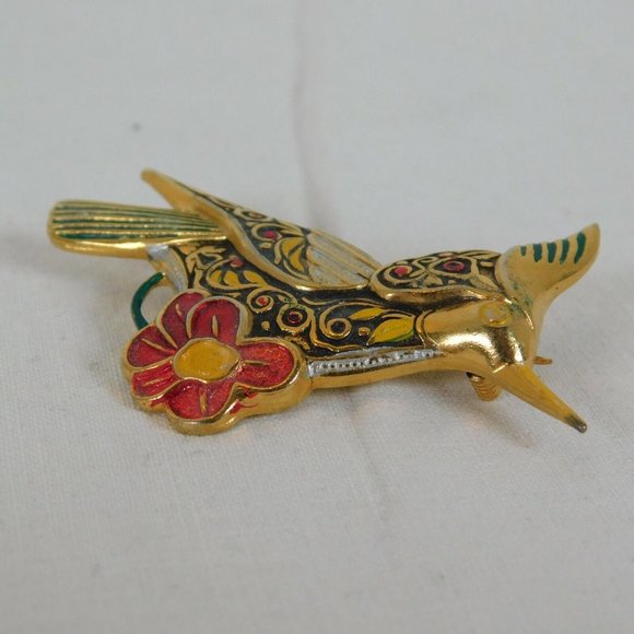 Bird Shaped Brooch Pin Layered Textured Red and Gold Tone Made in Spain 2" FLAW - Picture 3 of 8